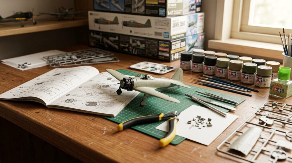 Japanese model kit workspace with tools and plastic models
