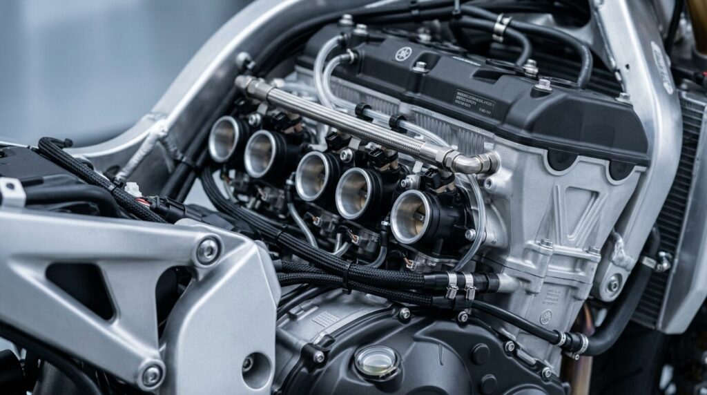 Detailed motorcycle engine showing fuel system and electrical components