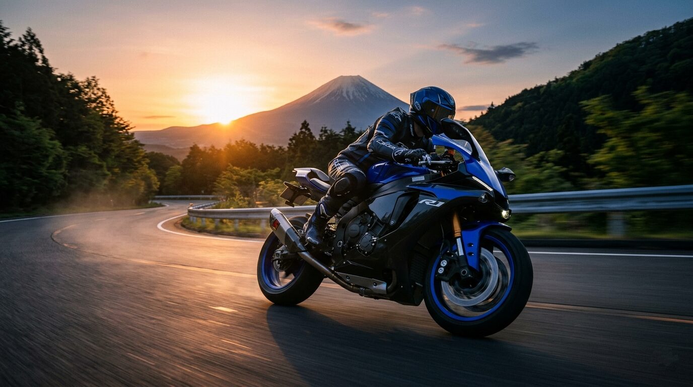 Japanese motorcycle with aftermarket exhaust riding near Mount Fuji