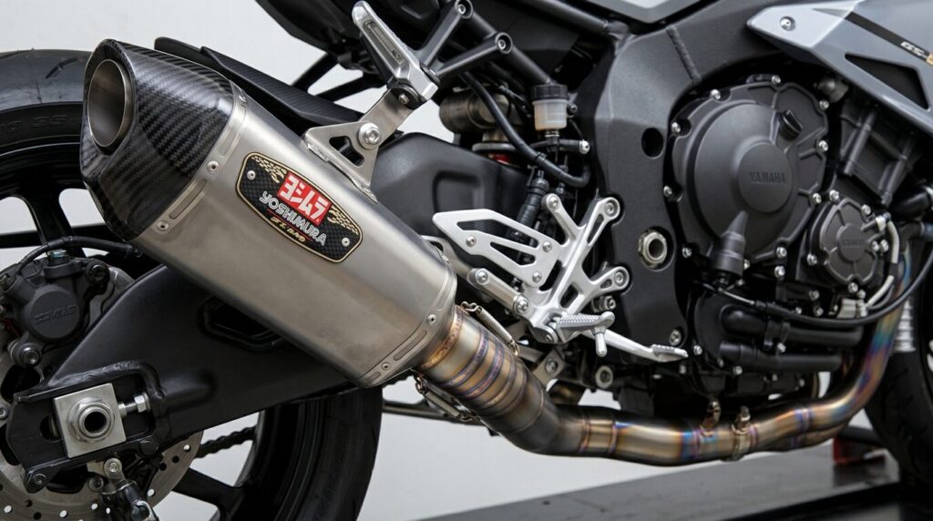 High performance Japanese motorcycle exhaust system close up