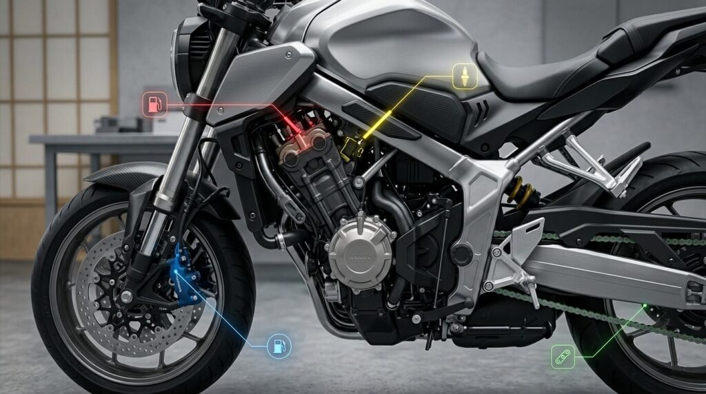 Motorcycle components showing Japanese parts like brakes chain and fuel system