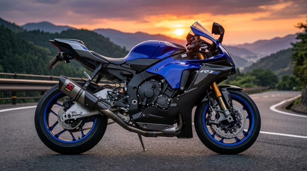 Japanese motorcycle with high performance parts on a scenic road in Hamamatsu Japan