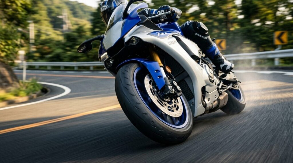 Motorcycle cornering showing tire grip and brake performance in Japan