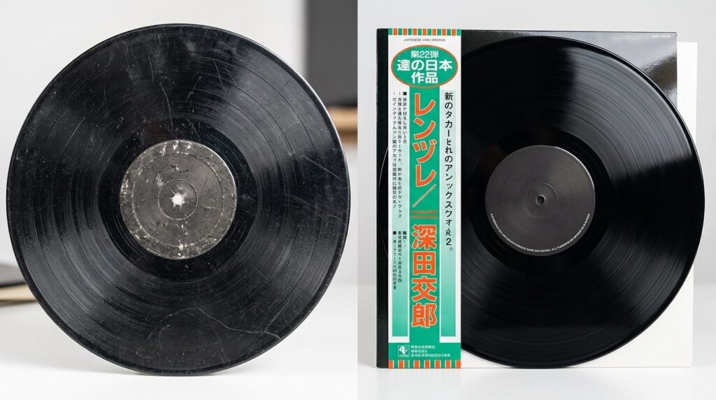 Comparison between worn vinyl record and high-quality Japanese used vinyl with obi strip