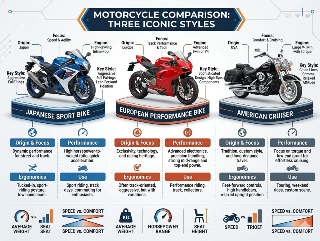 comparison Japanese European American motorcycles differences