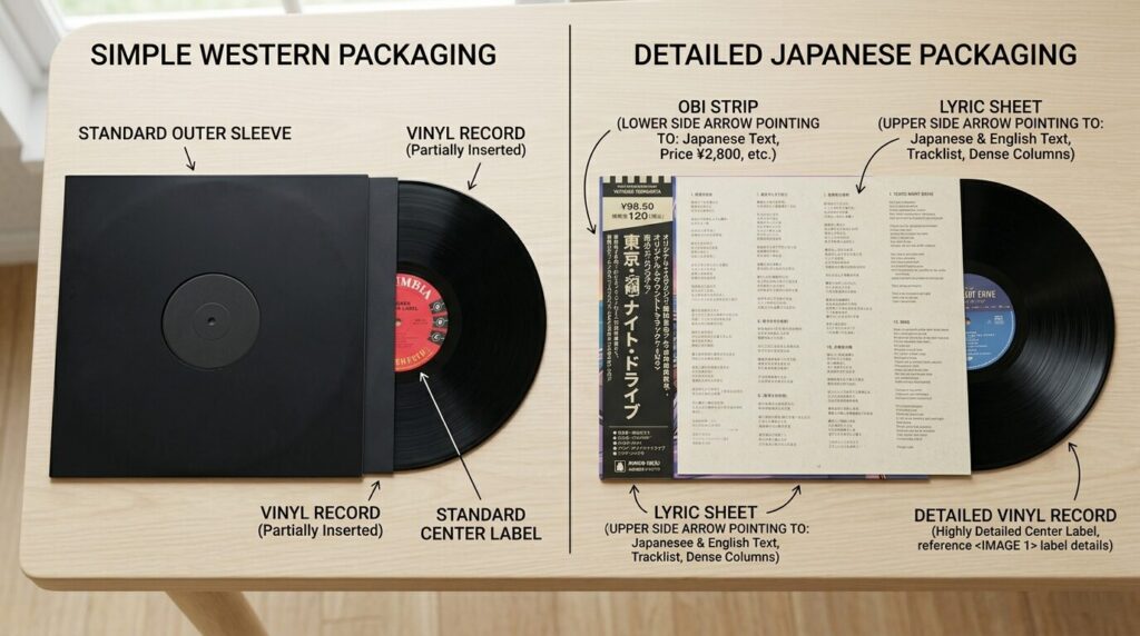 Comparison between Japanese vinyl record with obi and lyric sheet and Western vinyl record packaging