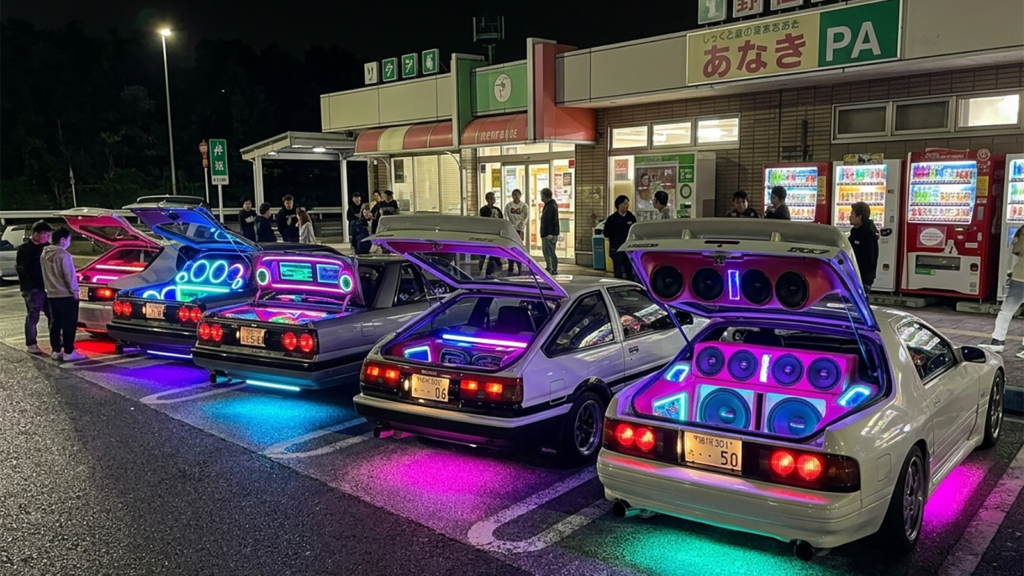 Japanese car audio parking area culture 80s JDM custom cars