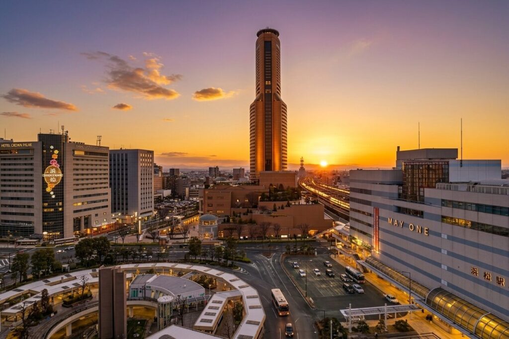 JR Hamamatsu Station entrance with taxi and travelers Japan
