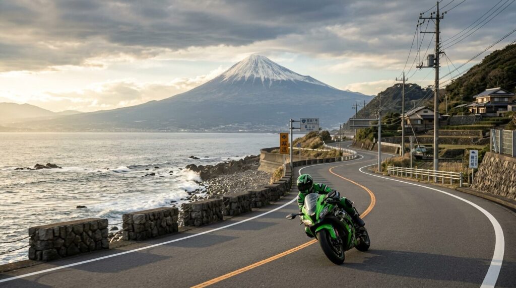 Kawasaki motorcycle riding coastal road Japan Mount Fuji background
