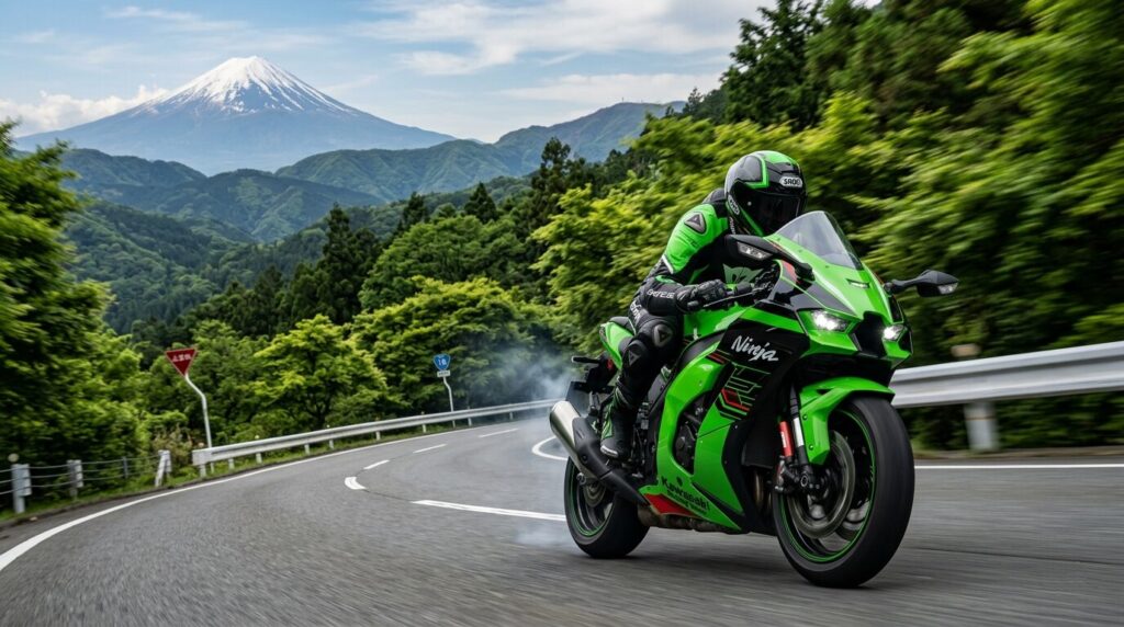 Kawasaki Ninja sport bike riding mountain road Japan