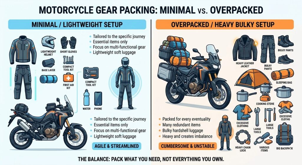 minimal vs heavy motorcycle gear comparison