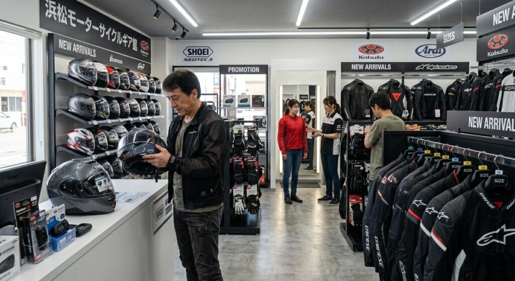 motorcycle gear shop in Japan with helmets and jackets