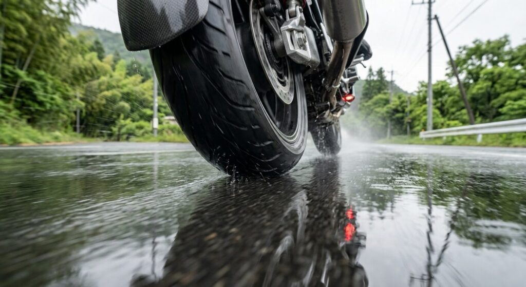 Motorcycle tire grip performance on wet Japanese road