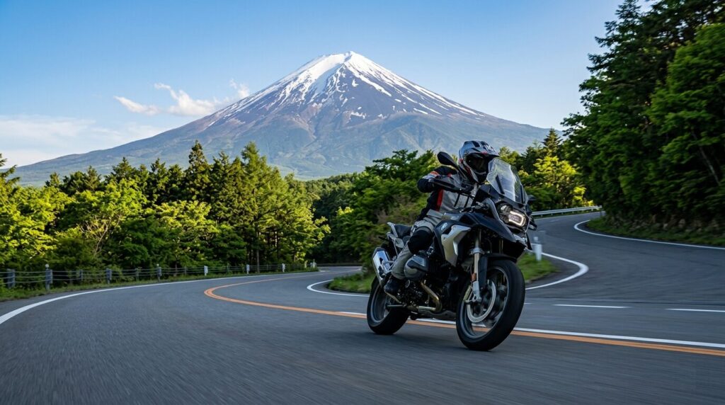 Motorcycle riding road near Mount Fuji scenic route Japan