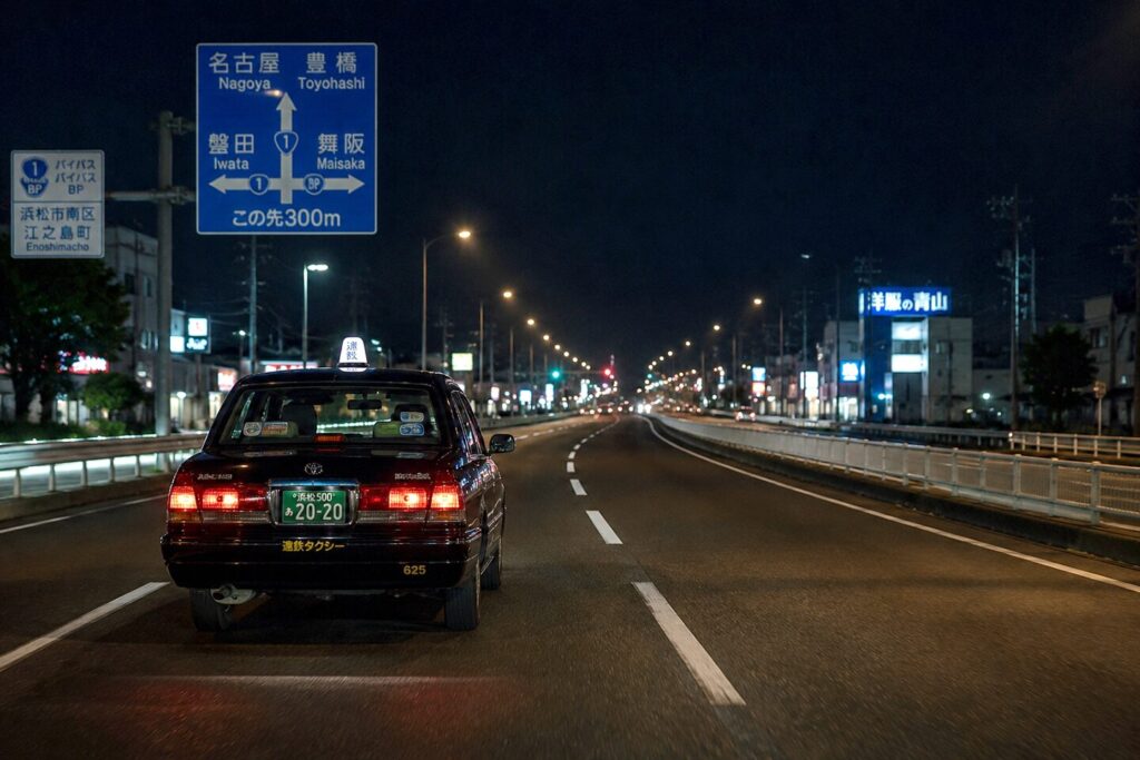 Night drive through coastal Japan road