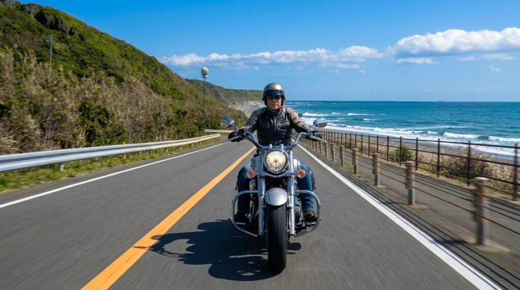 Straight coastal motorcycle road in Omaezaki Shizuoka Japan ocean touring