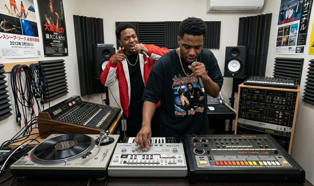 Rapper is using Roland TB-303 Bass  and TR-808 drum machine at recording studio.