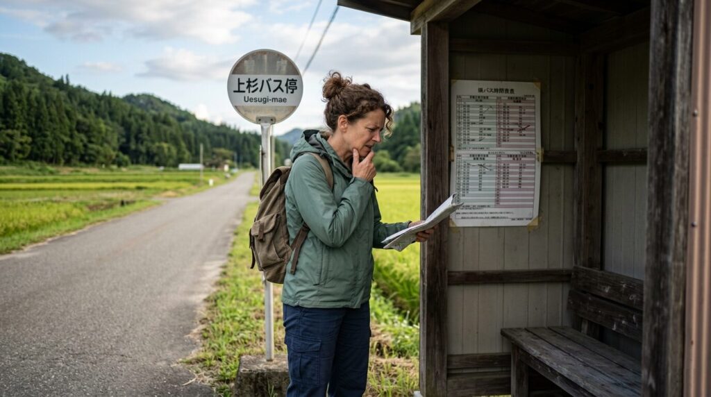 Tourist confused at rural Japan bus stop with limited transportation options