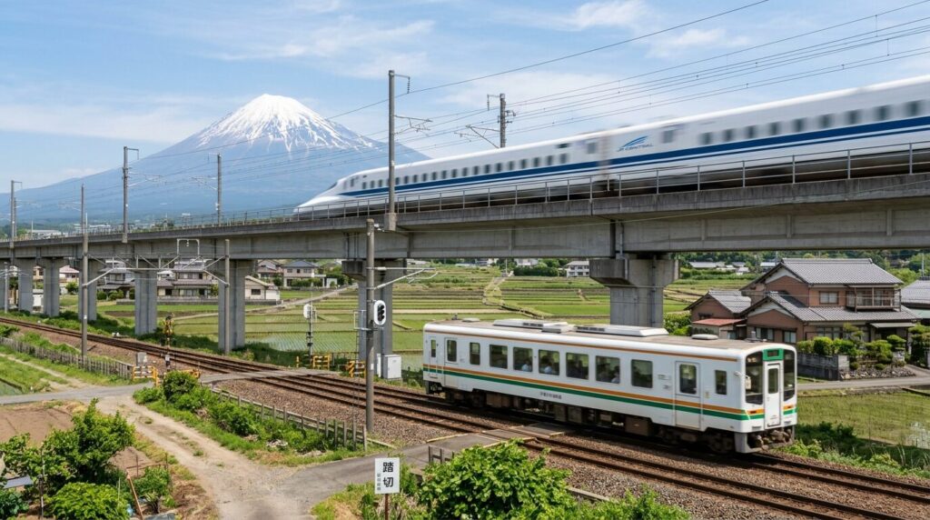 Shinkansen and local train captured together in Japanese railway photography