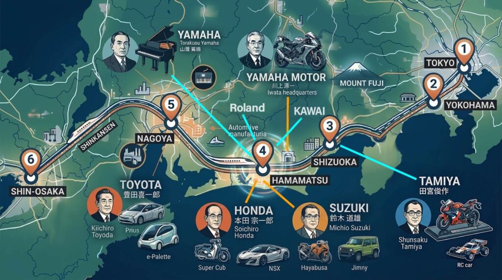 Shizuoka Hamamatsu industrial cluster map Yamaha Honda Toyota Suzuki founders and global brands