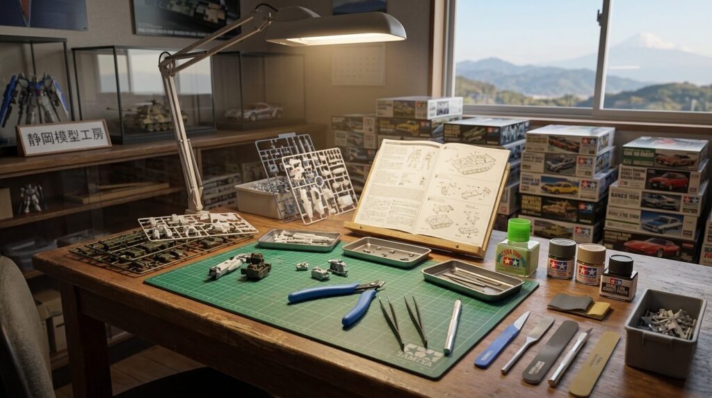 Japanese model kit workspace with tools and plastic models