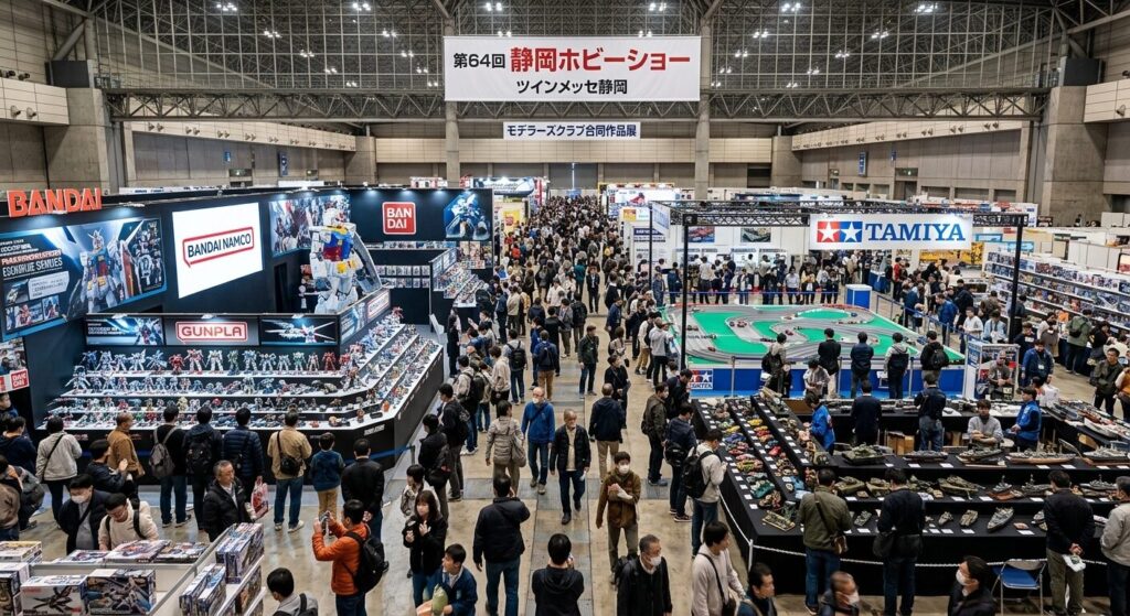 Shizuoka hobby show exhibition with detailed model displays and visitors