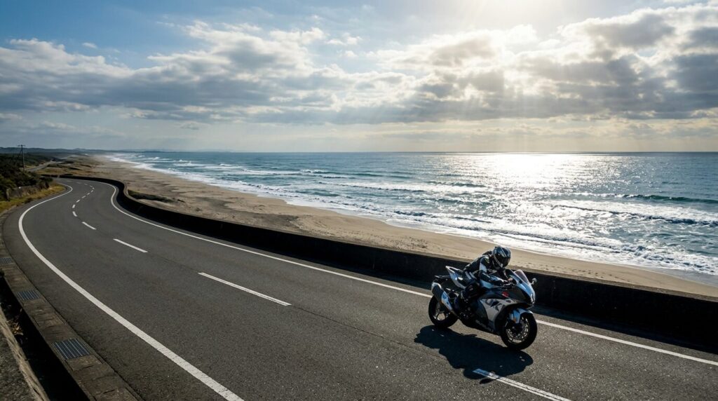 Suzuki motorcycle riding along Enshu-nada coastal road in Hamamatsu Japan
