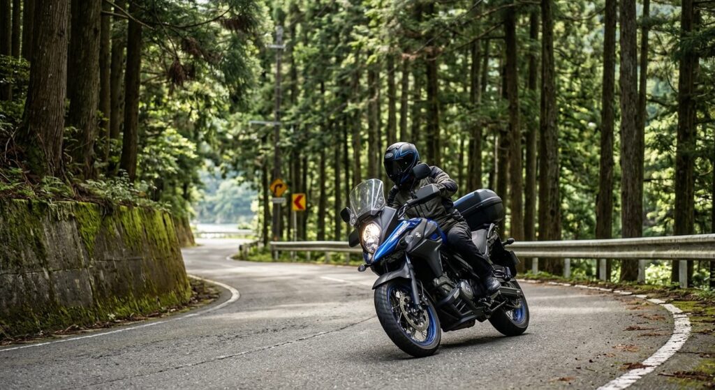 Suzuki motorcycle riding on mountain road in Tenryu Shizuoka Japan