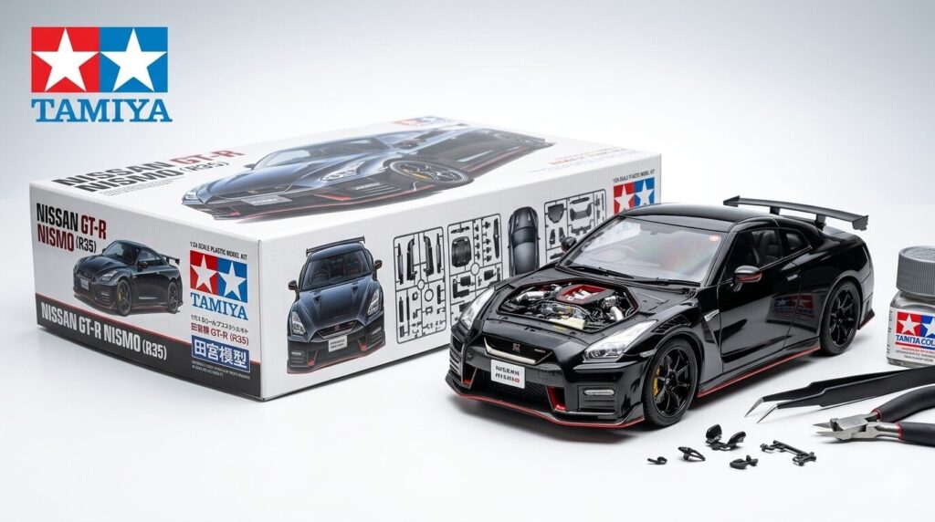 Tamiya model kit box and detailed plastic model