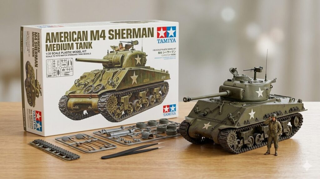 Tamiya model kit box and detailed plastic model