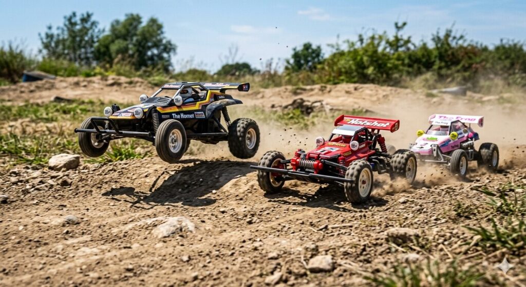 classic Tamiya RC cars Hornet Hotshot and Frog driving fast on an off road dirt circuit with jumps dust and realistic racing action