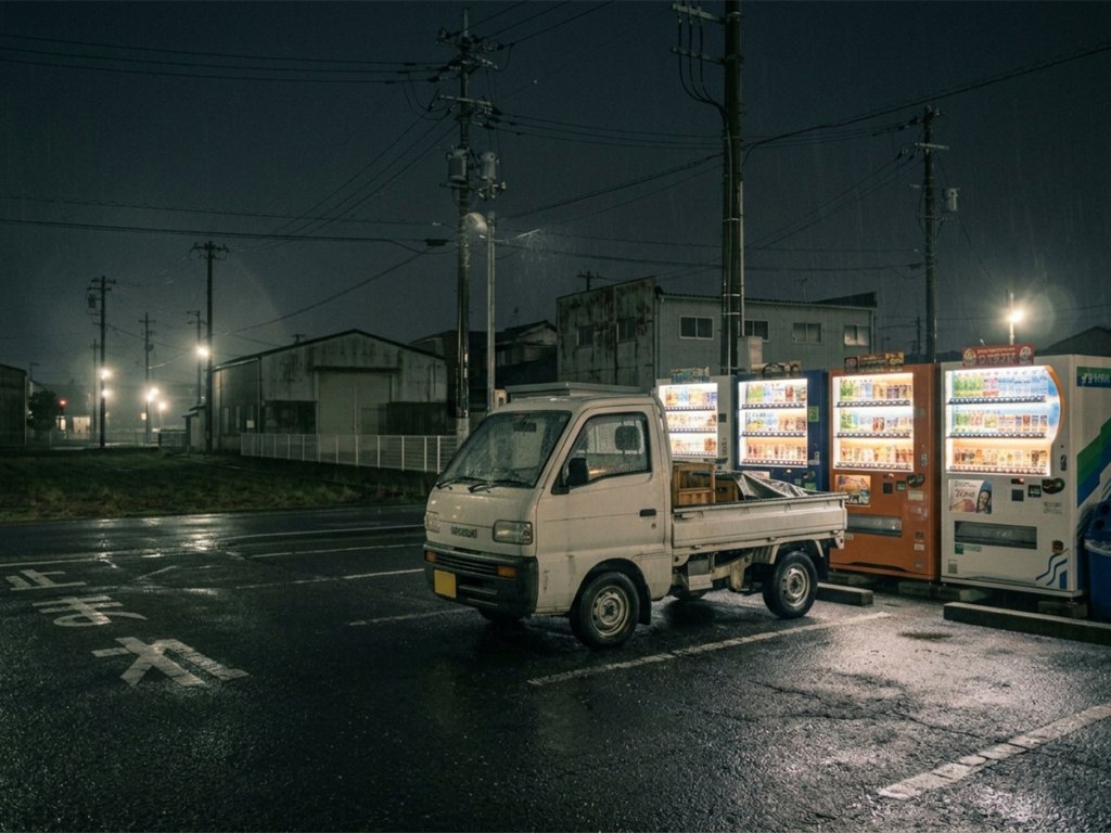 Tiny truck and Vending machines at night