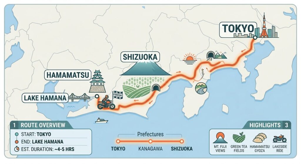 Motorcycle route map from Tokyo to Lake Hamana Japan