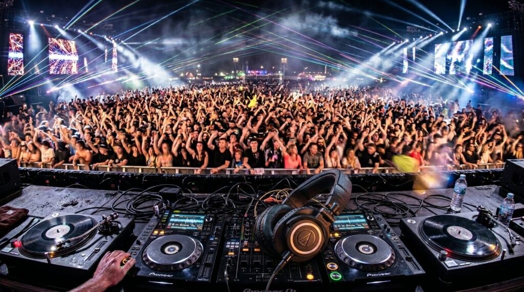 DJ booth view at large music festival with audio-technica ath-m50x headhones, Pioneer CDJ and Technics SL-1200 turntables crowd energy