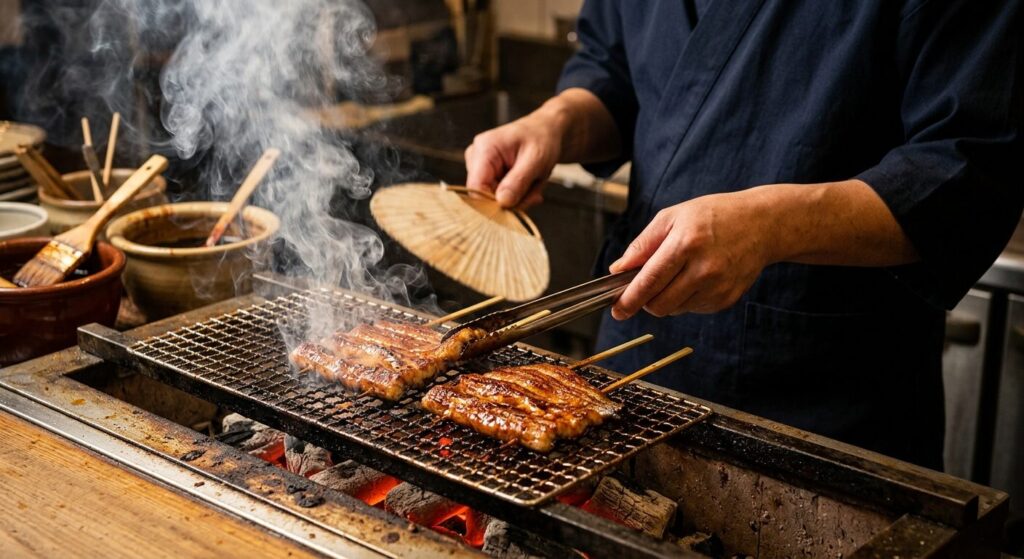 japanese unagi grilling over charcoal traditional style