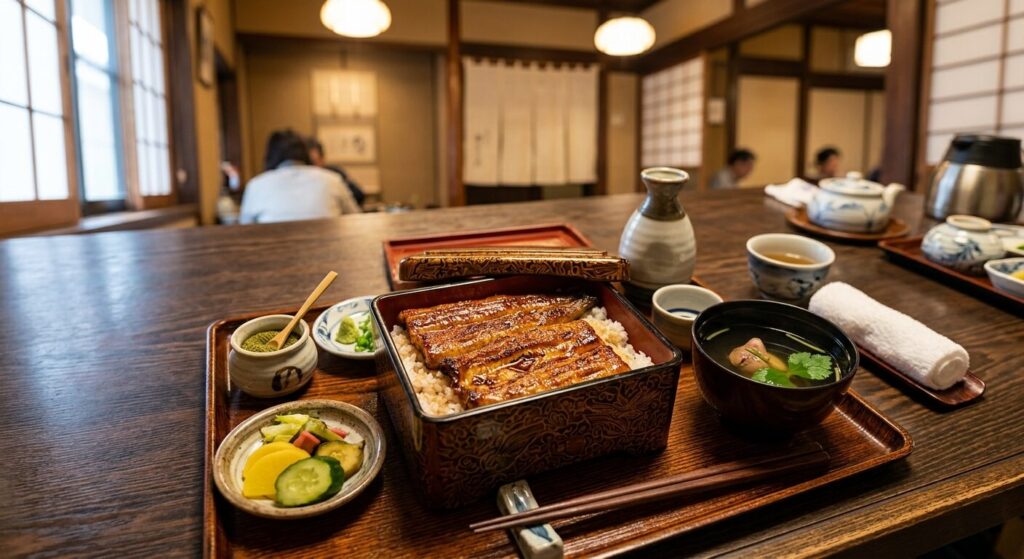 traditional japanese unagi set meal with condiments
