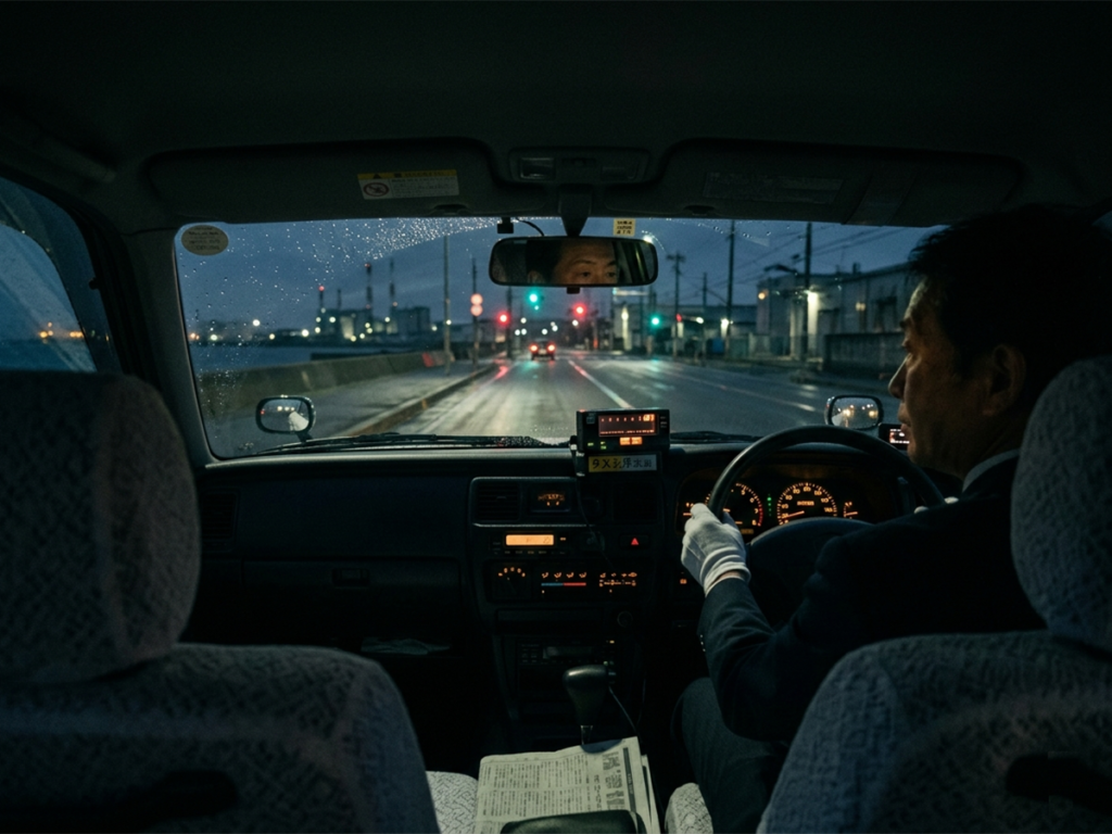 View from inside a Japanese tax at night