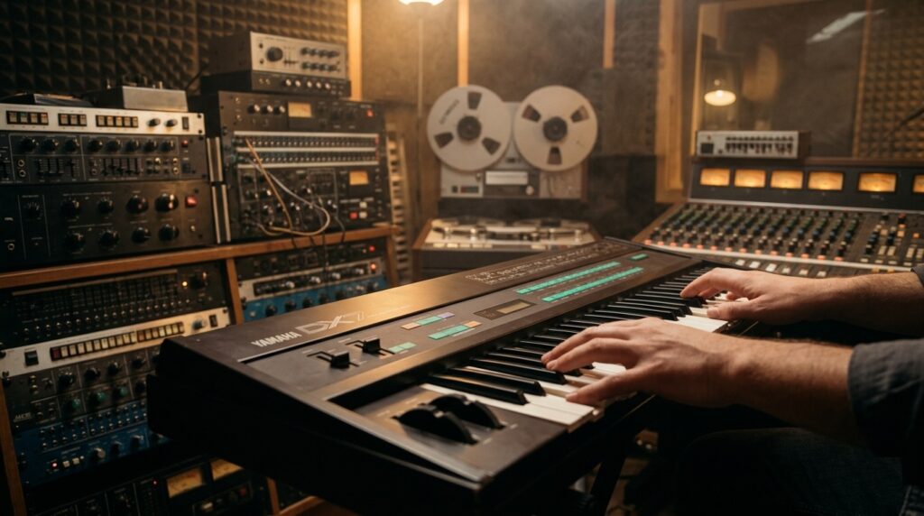 Yamaha DX7 synthesizer in a 1980s music studio