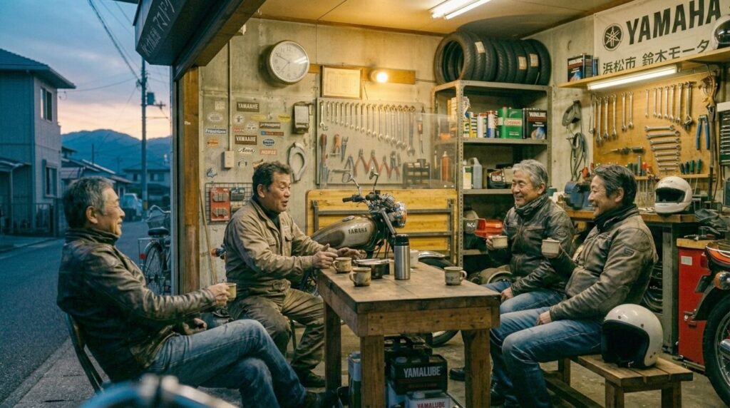 Japanese motorcycle riders relaxing and talking inside a Hamamatsu garage