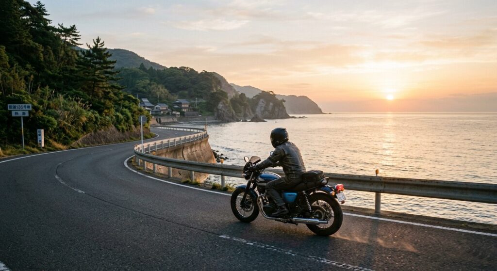 motorcycle touring coastal road Japan sunrise peaceful ride