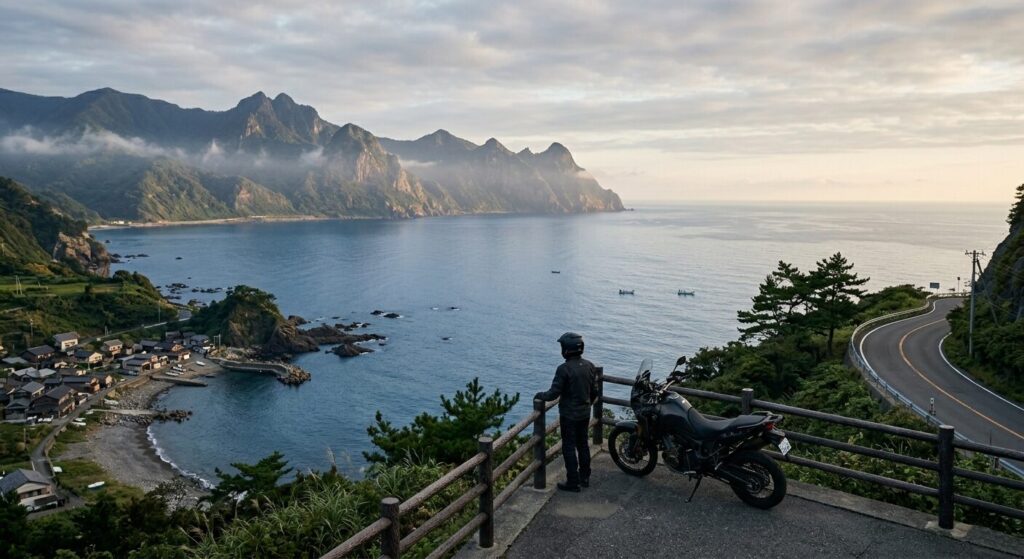 motorcycle scenic stop Japan ocean mountain view