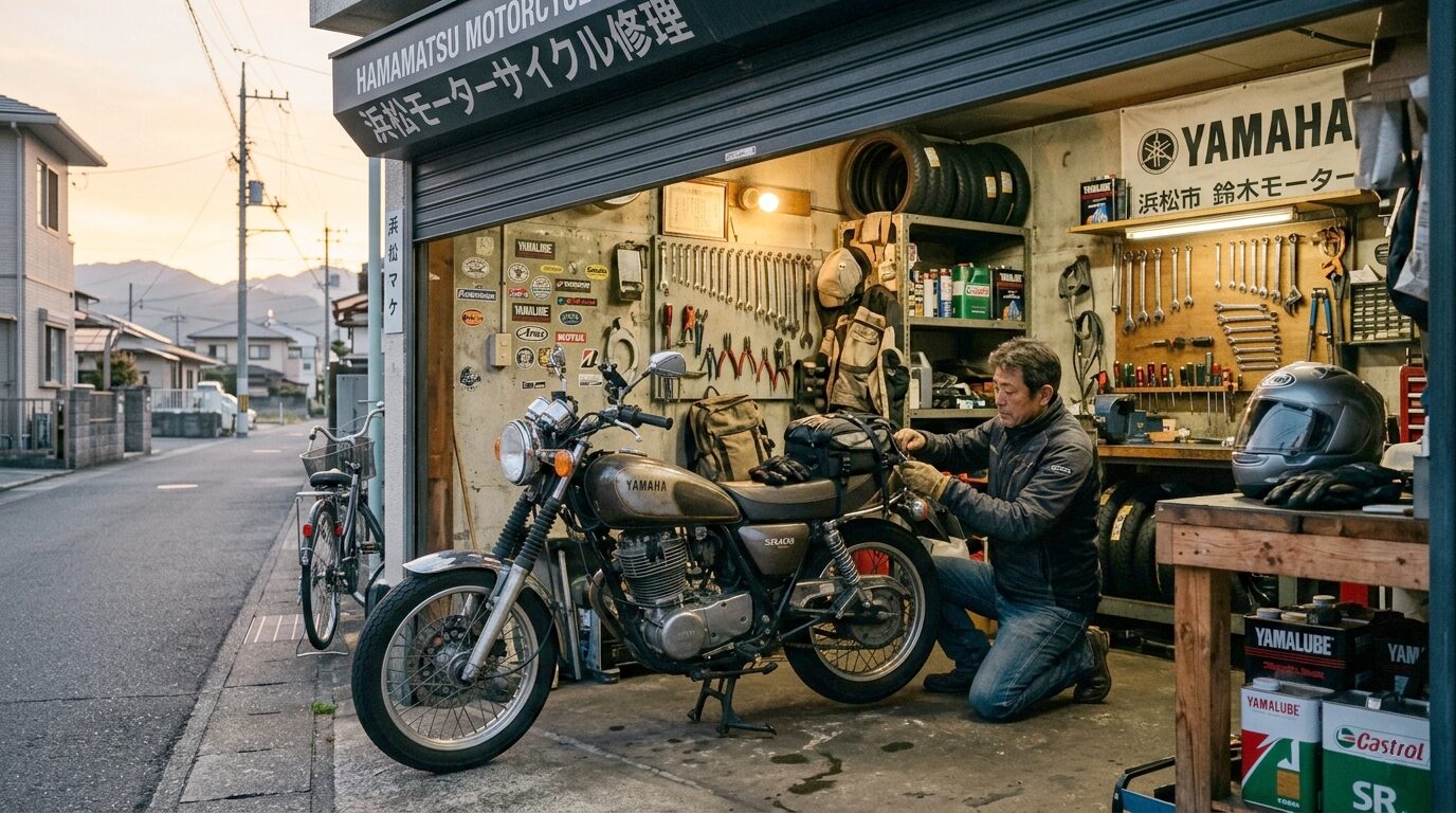 Japanese motorcycle garage in Hamamatsu during a quiet morning ride preparation