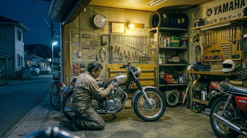 Japanese rider relaxing in a quiet motorcycle garage at night