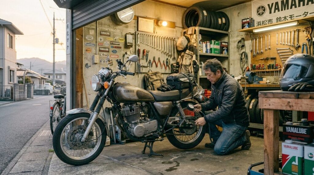 Japanese rider performing motorcycle maintenance inside a compact garage