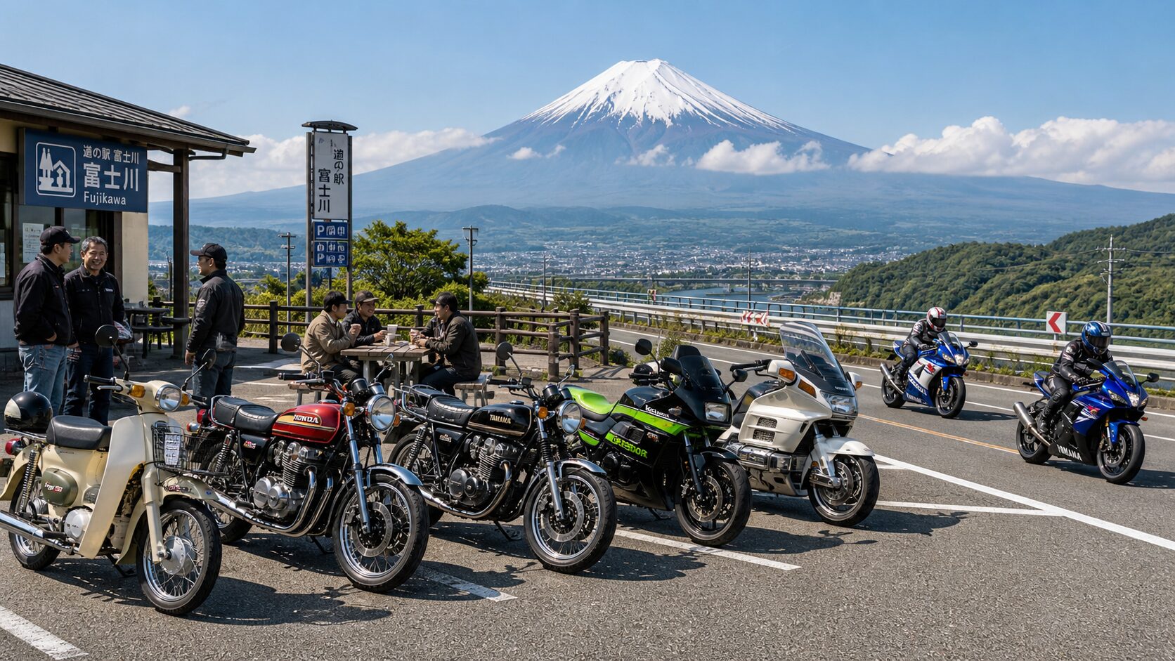 Iconic Japanese motorcycles including Honda Super Cub, CB750, SR400, GPZ900R and Gold Wing parked at Michi-no-Eki Fujikawa with Mount Fuji, while GSX-R750 and Yamaha R1 ride past on the road