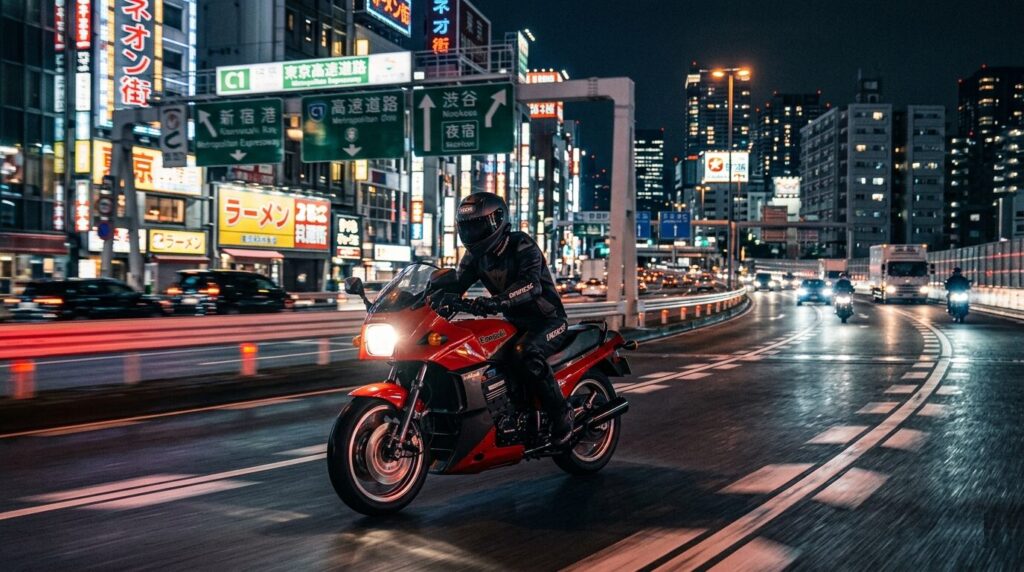 Kawasaki Ninja GPZ900R on a Japanese night highway
