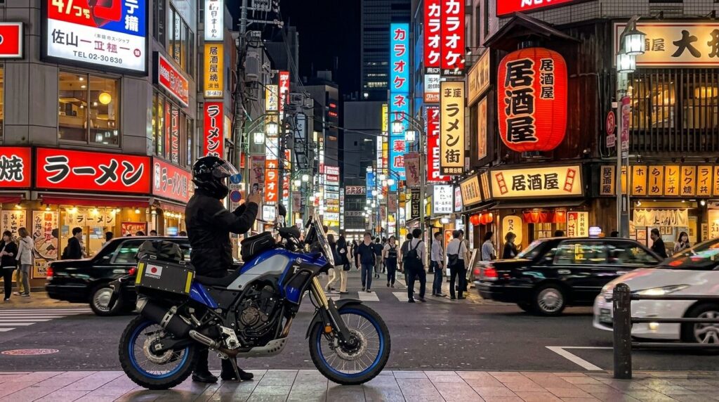 motorcycle night photography in Japan city with lights
