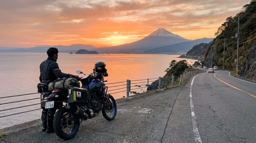 motorcycle parked on coastal road in Shizuoka at sunset Japan