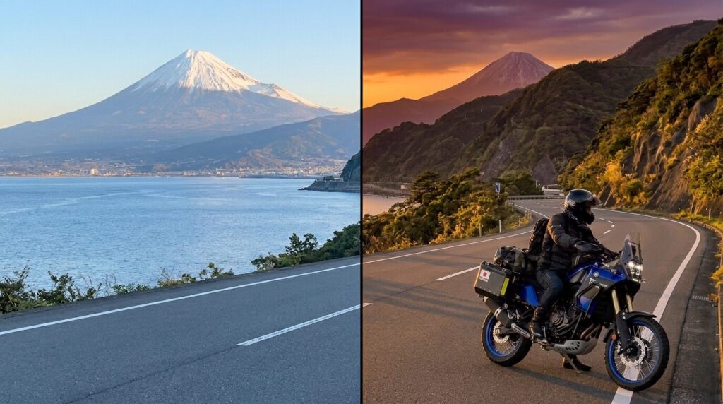 motorcycle photo comparison morning and sunset lighting Japan
