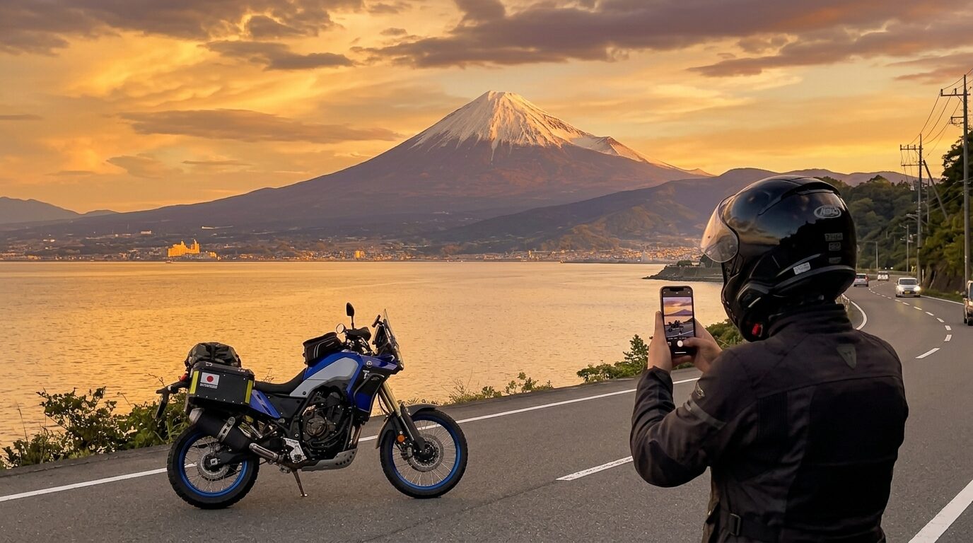 rider taking motorcycle photo near Mount Fuji Japan